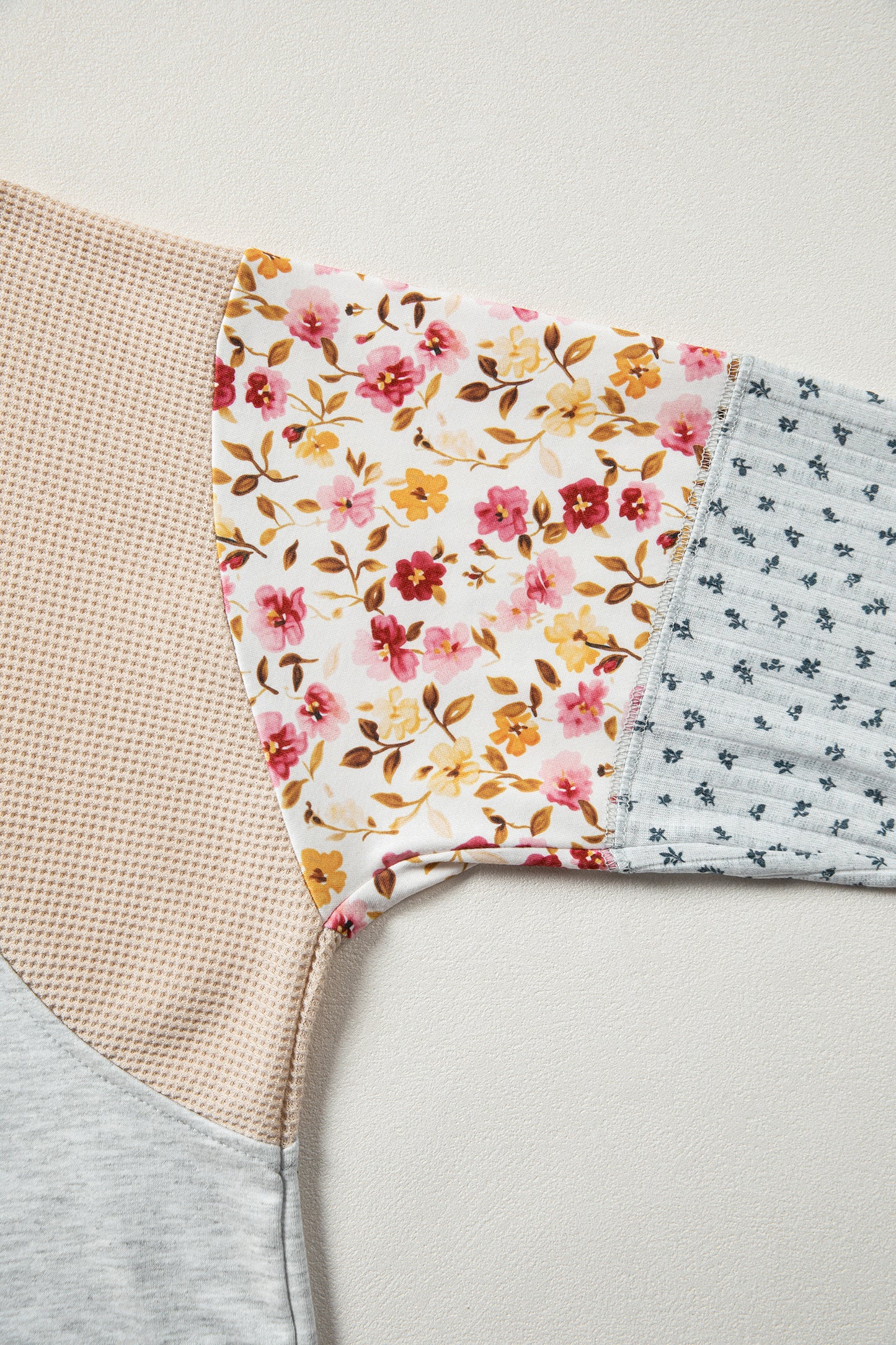 Floral Waffle Knit Patchwork Raglan Long Sleeve Top