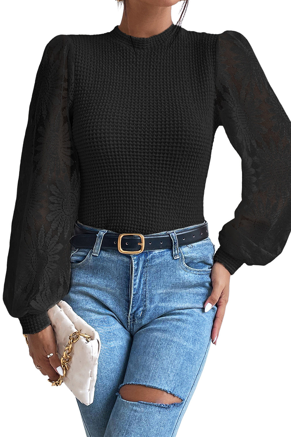 Floral Mesh Sleeve Waffle Top