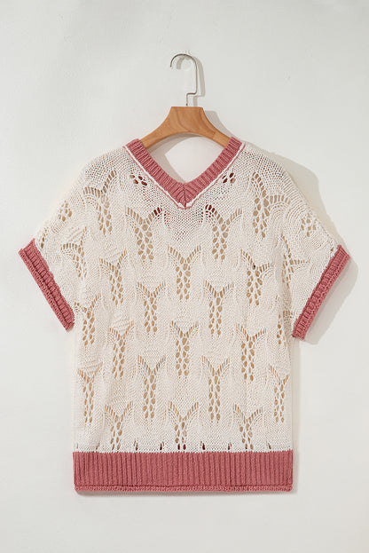 Flower Embroidered Colorblock Edge Hollowed Sweater