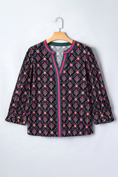 Floral Contrast V-Neck 3/4 Sleeve Blouse