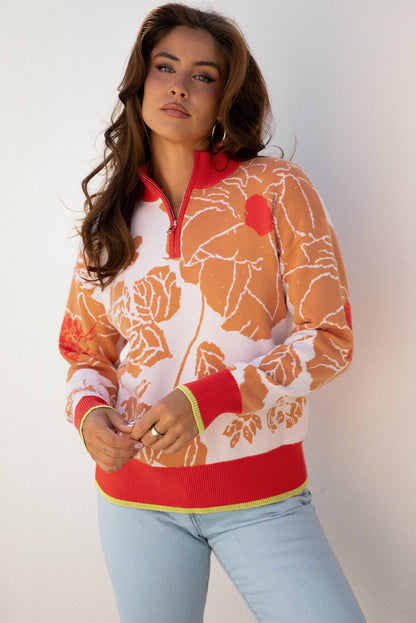 Floral Half Zip Collared Pullover Sweater