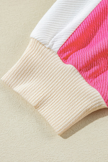 Colorblock Collared Ribbed Patchwork Pocketed Sweatshirt