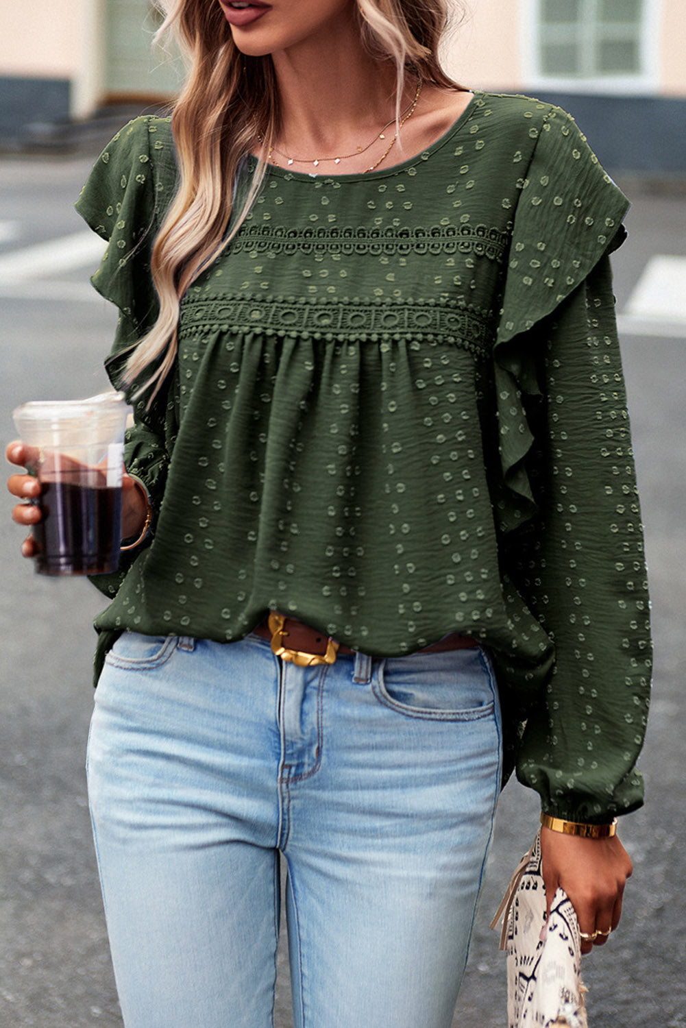 Eyelet Ruffle Lantern Sleeve Blouse