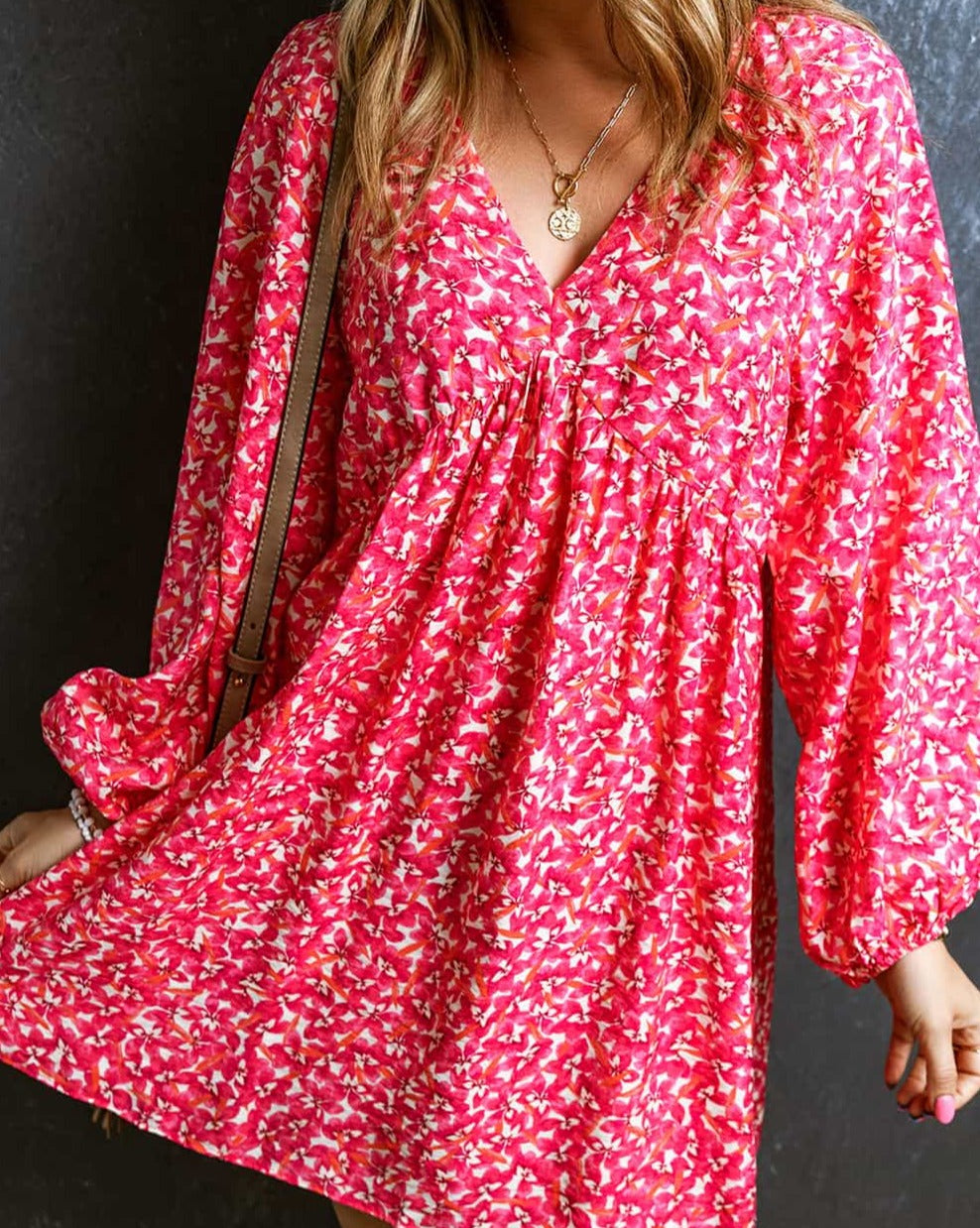 Floral Bubble Sleeve V-Neck Dress