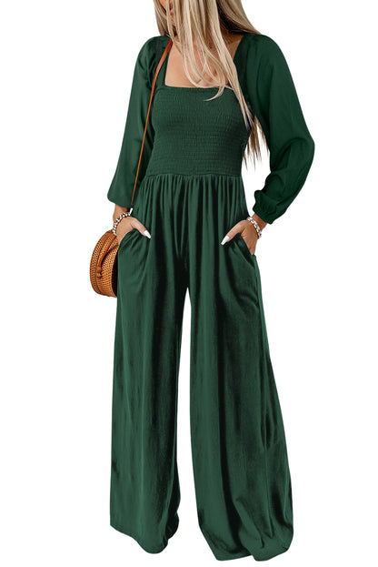 Smocked Long Sleeve Pocketed Jumpsuit