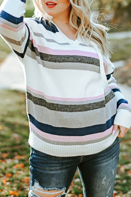 Plus Size Stripe Hooded V-Neck Sweater