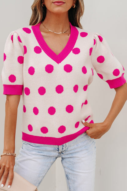 Polka Dot Puff Short Sleeve Sweater Top