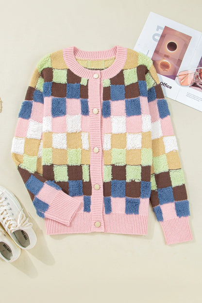 Checker Textured Knit Button Front Cardigan Sweater