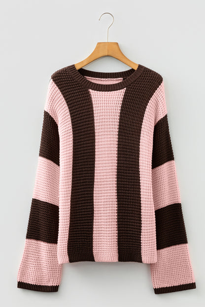 Stripe Colorblock Thermal Textured Knit Drop Shoulder Sweater