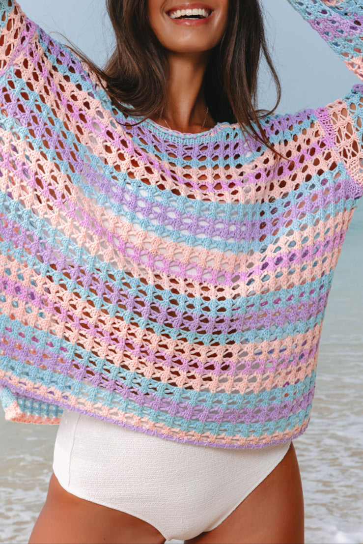 Purple Multi Stripe Open Knit Sweater Beach Cover Up