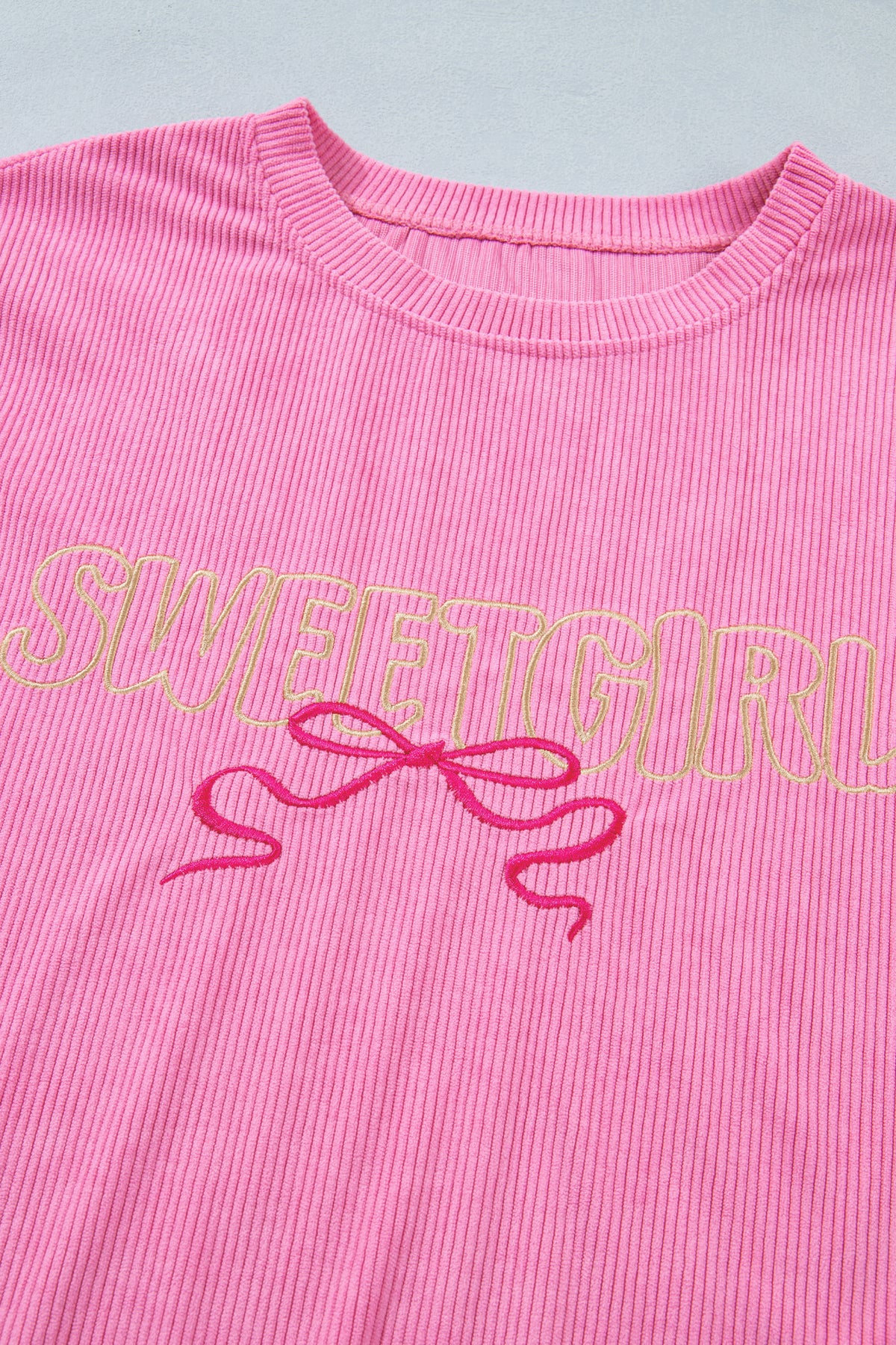 Sweet Girl Bow Embroidered Ribbed Long Sleeve Top