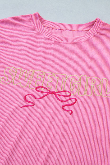Sweet Girl Bow Embroidered Ribbed Long Sleeve Top