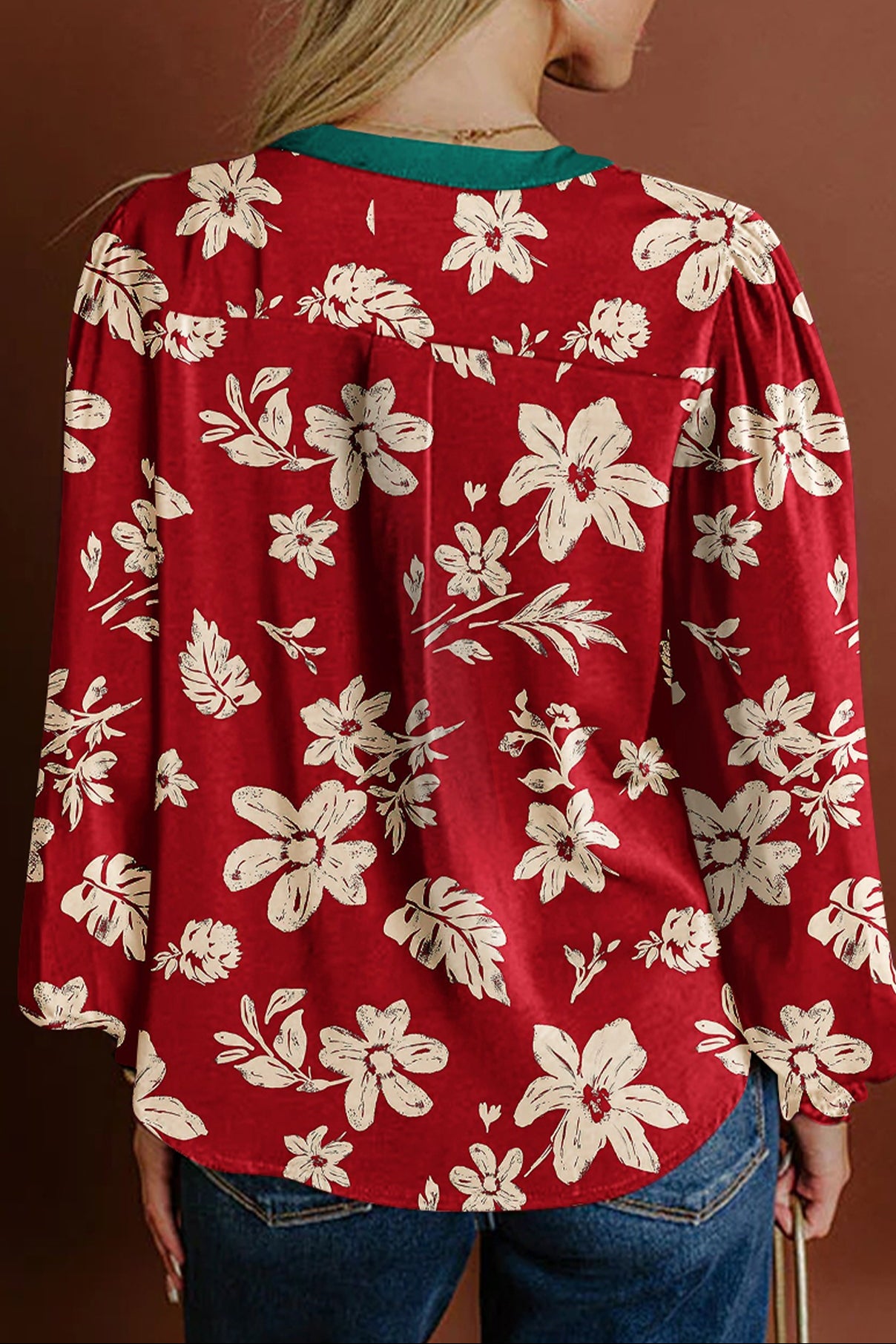 Flower Tied Neck Shirred Puff Sleeve Blouse