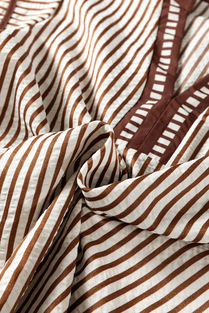 Stripe Double Ruffle Short Sleeve V-Neck Blouse