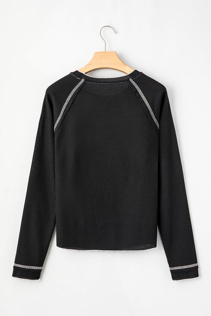 Solid Waffle Knit Round Neck Long Sleeve Top