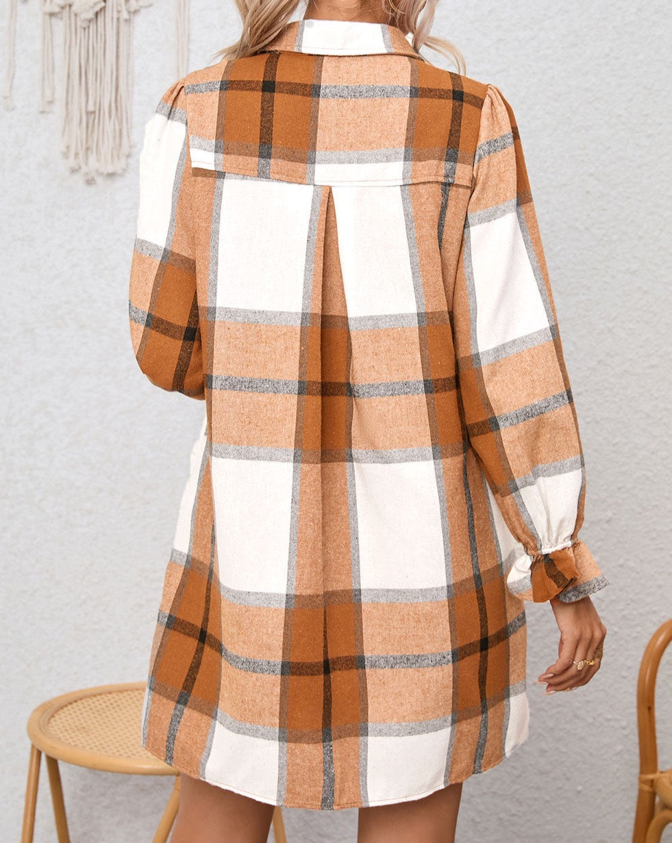 Plaid Puff Sleeve Shirt Dress