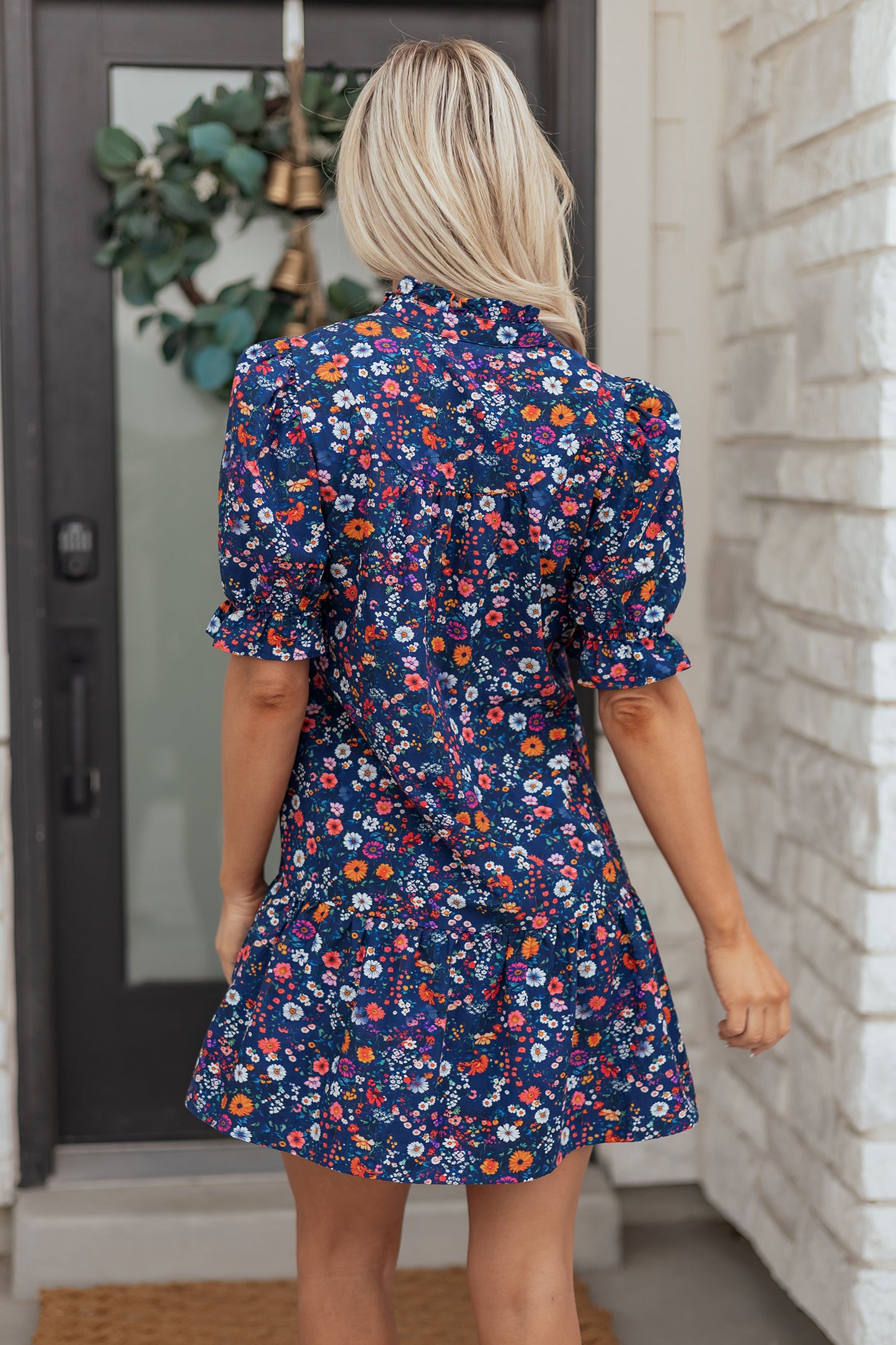 Floral Split Neck Puff Sleeve Mini Dress