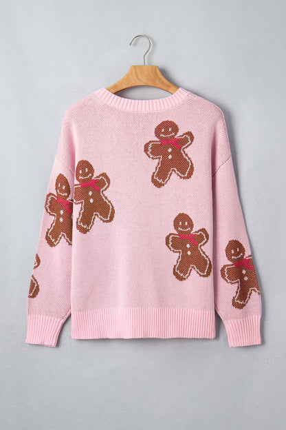 Christmas Gingerbread Ribbed Trim Round Neck Sweater