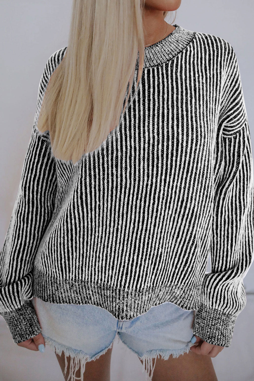 Stripe Ribbed Round Neck Sweater