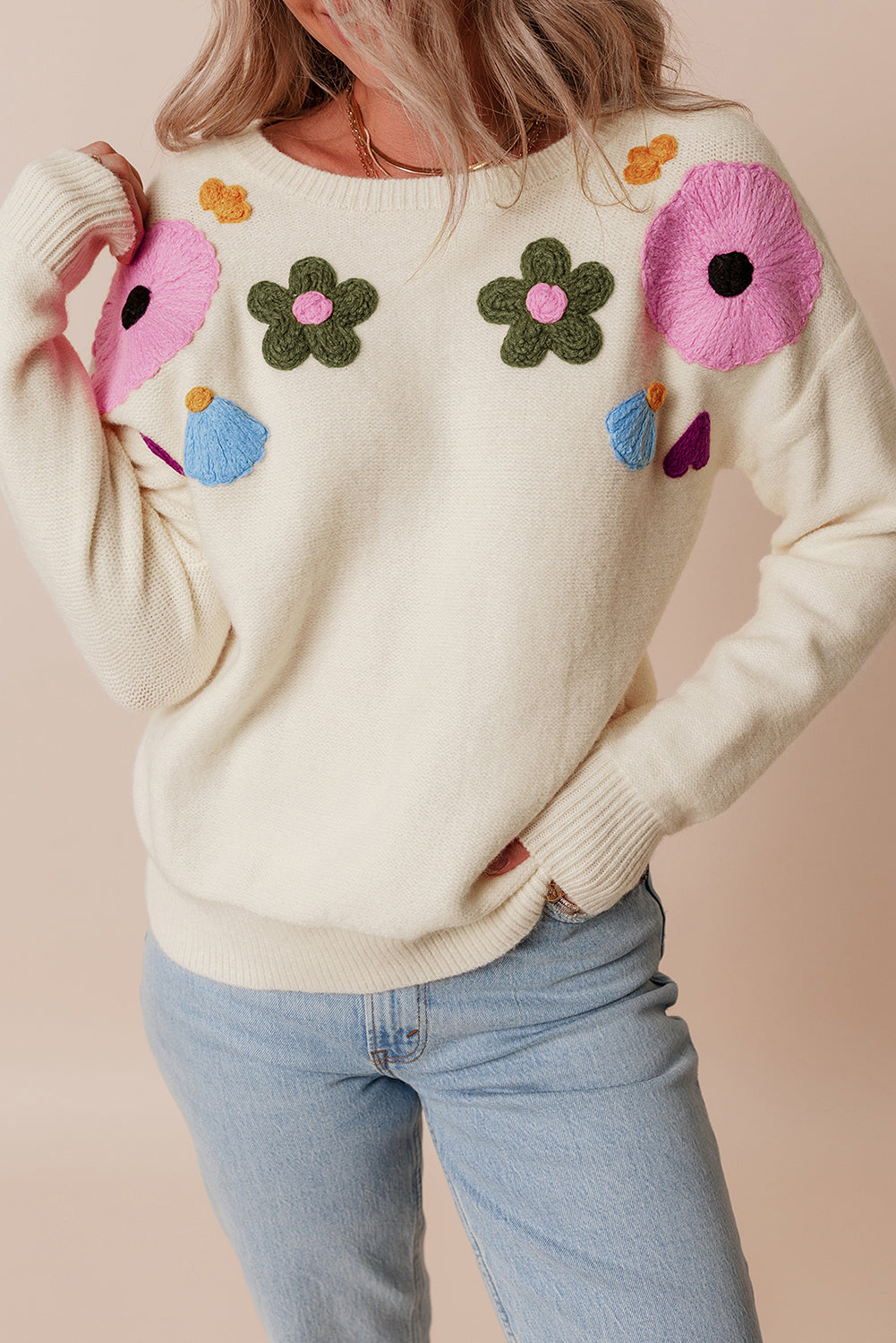 Floral Ribbed Trim Crewneck Sweater