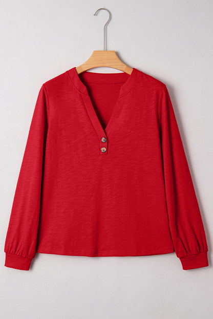Solid V-Neck Button Long Sleeve Top