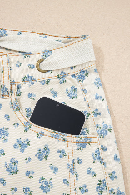 Floral Grommet Knot Waist Barrel Leg Jeans