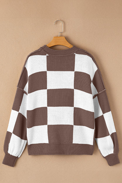 Checker Exposed Seam Drop Shoulder Long Sleeve Sweater