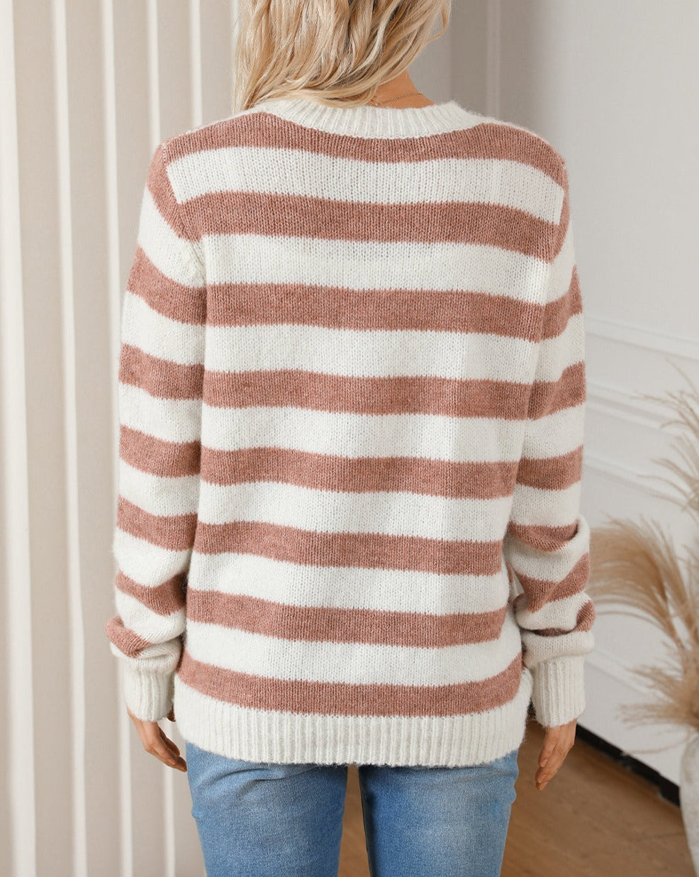 Stripe Ribbed Trim Crewneck Sweater