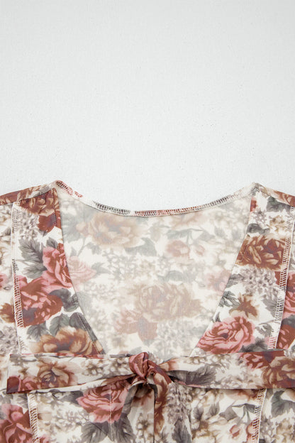 Floral Tie V-Neck Long Bell Sleeve Blouse