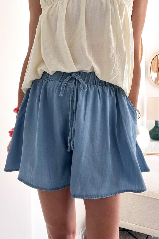 Denim Drawstring Wide Leg Shorts