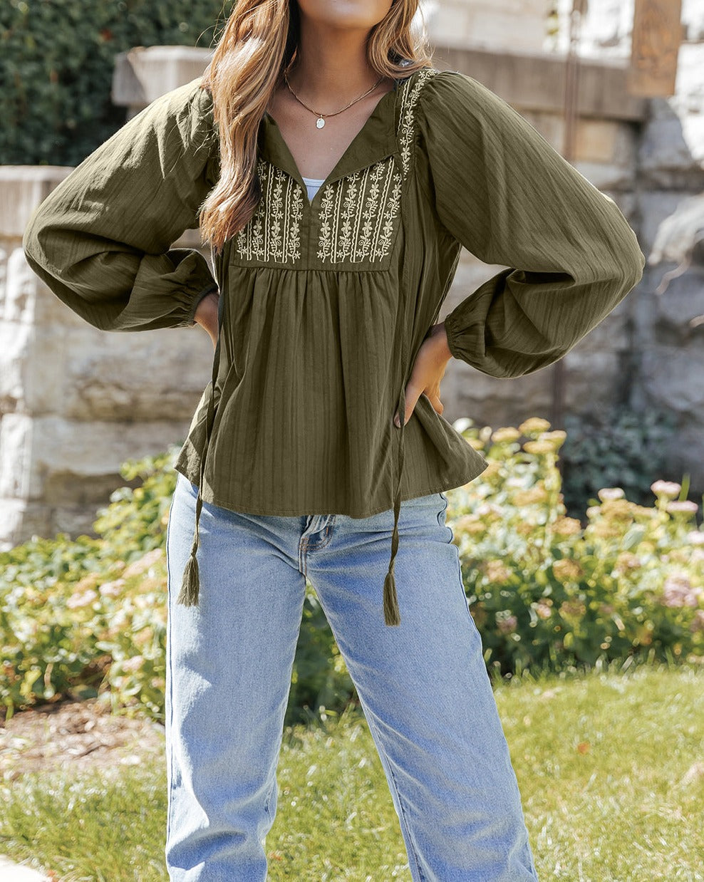 Western Embroidered Bubble Sleeve Blouse