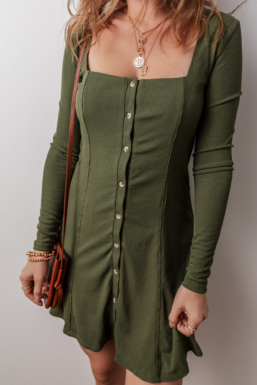 Ribbed Square Neck Long Sleeve Dress