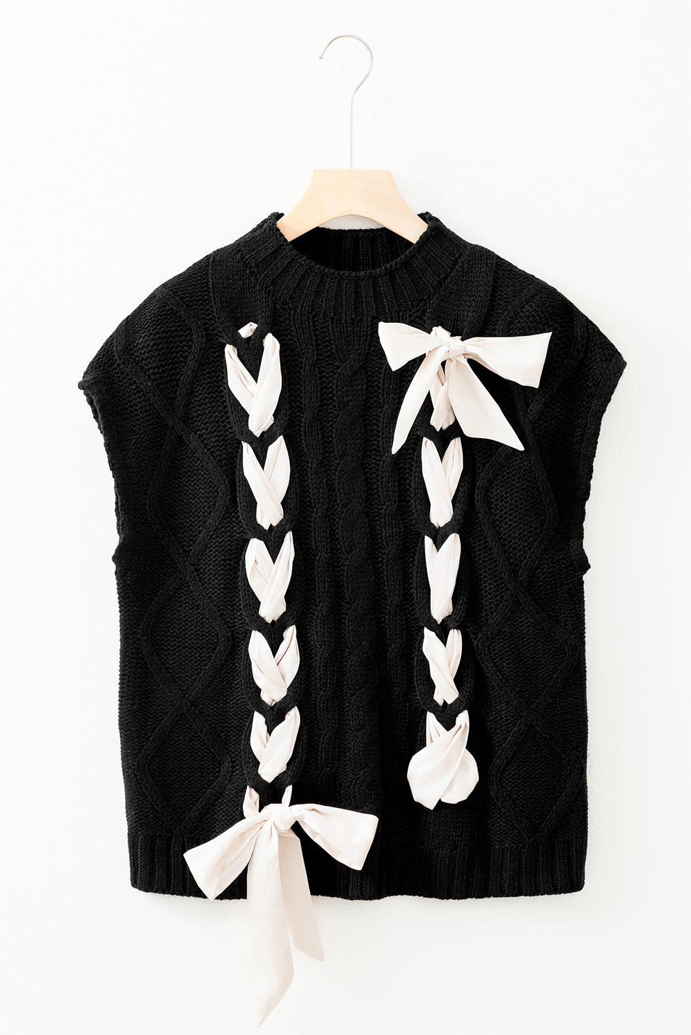 Colorblock Satin Bow Cable Knit Short Sleeve Sweater