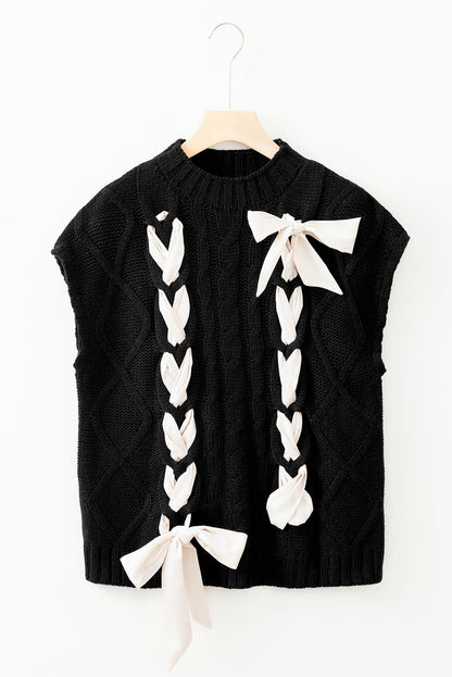 Colorblock Satin Bow Cable Knit Short Sleeve Sweater