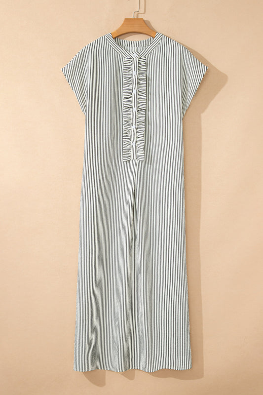 Stripe Frilled Half Buttoned Maxi Dress