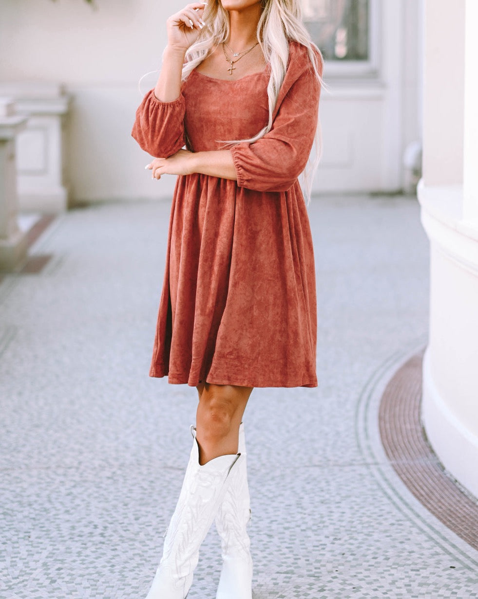 Suede Shirred Puff Sleeve Dress