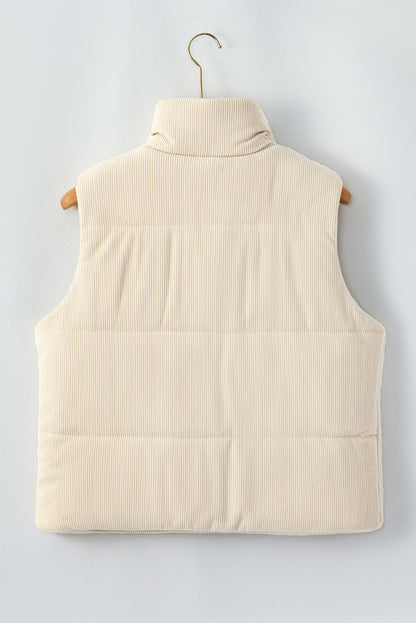 Corduroy Stand Neck Zipped Puffer Vest