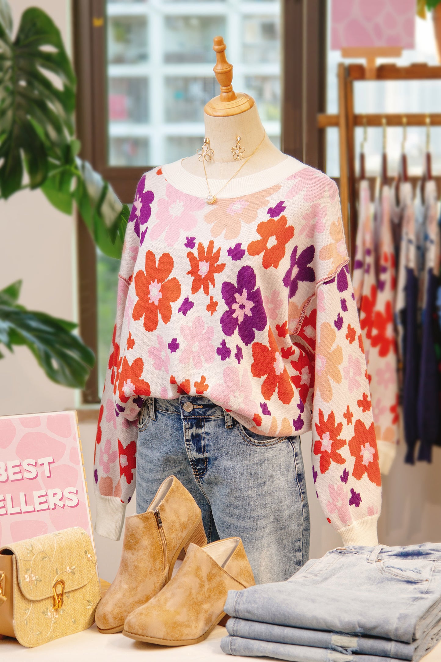 Floral Ribbed Trim Drop Shoulder Sweater