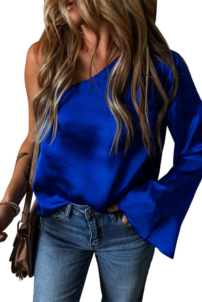 Satin Asymmetric Bell Sleeve Blouse