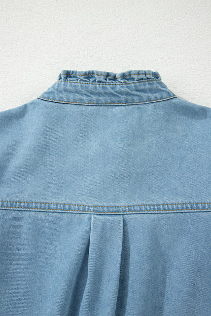 Solid Denim Frilled Ruffle Sleeve Buttoned Mini Dress