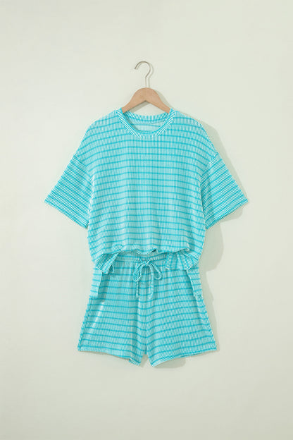 Stripe Corded Knit Tee & Drawstring Short Set