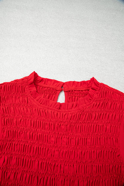 Solid Smocked Ruffle Hem Long Sleeve Blouse