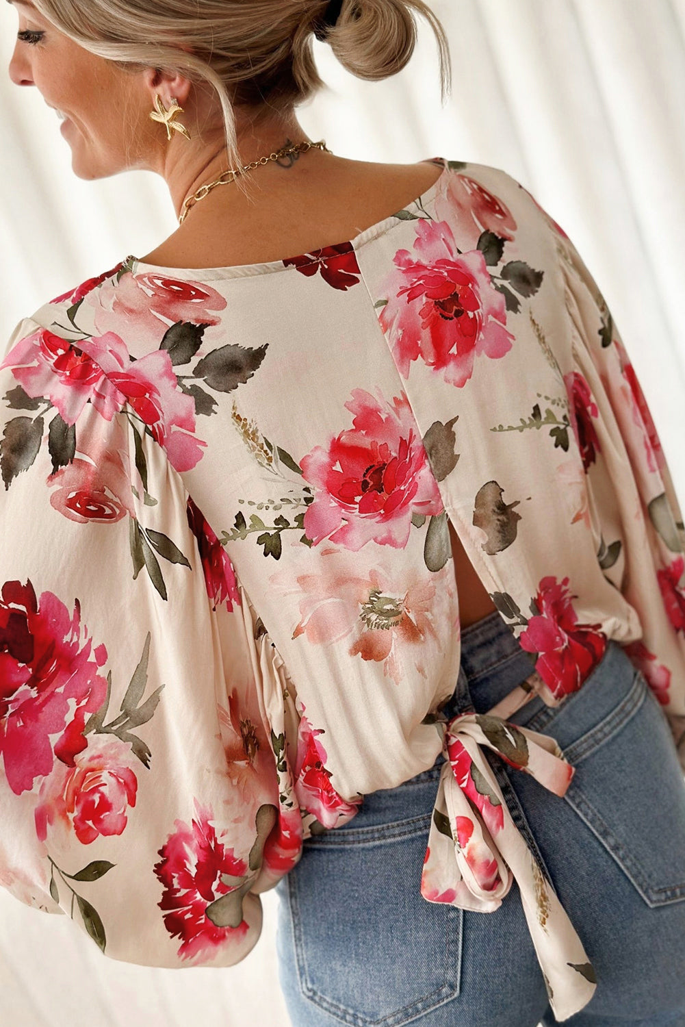 Floral 3/4 Sleeve Lace-up Blouse