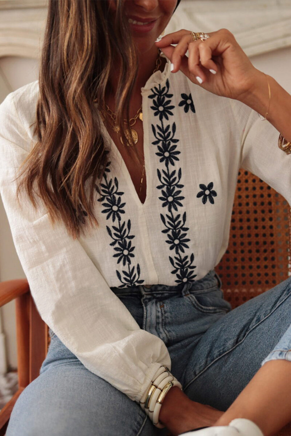 Floral Embroidered Puff Sleeve Blouse