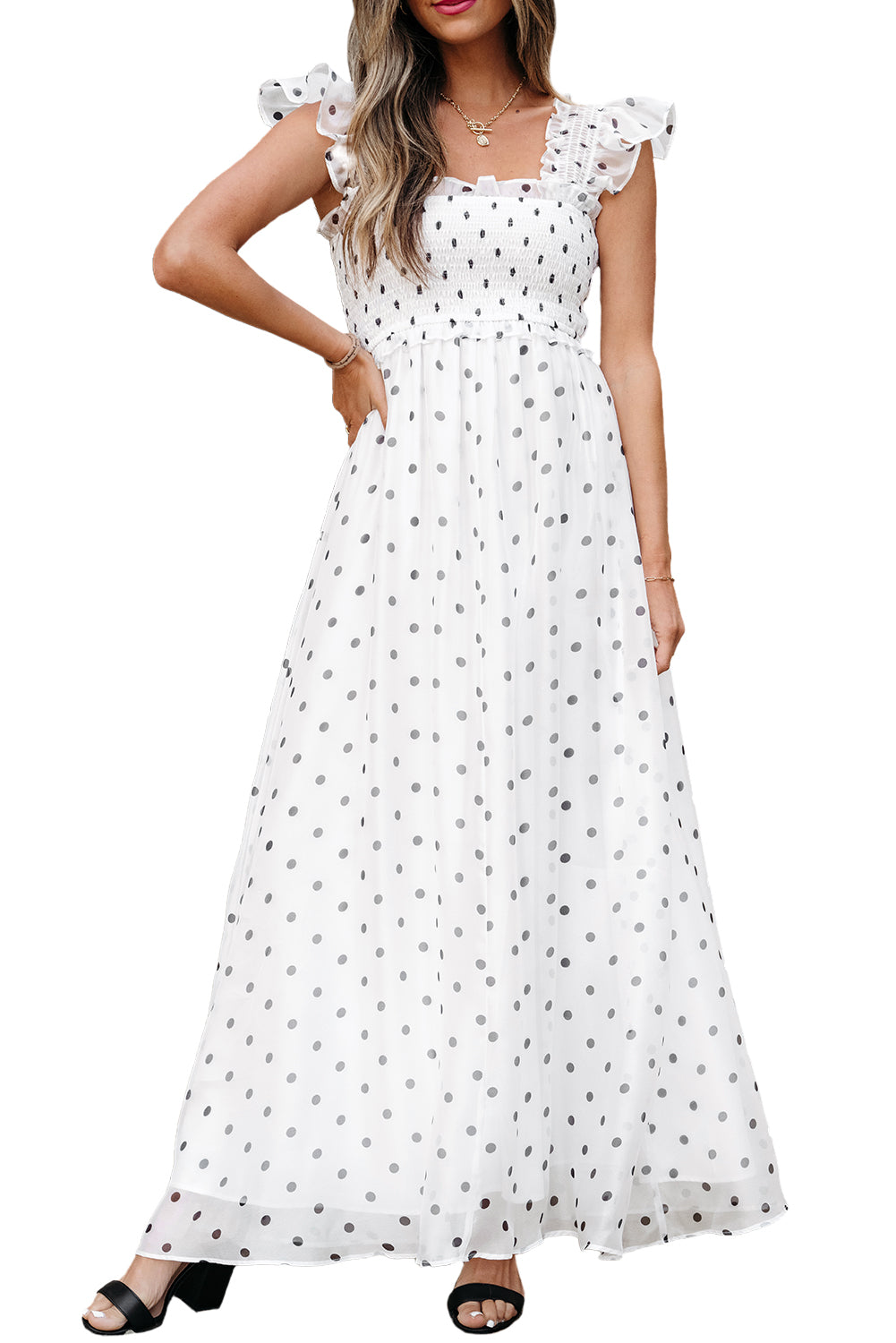 Polka Dot Flutter Sleeve Maxi Dress