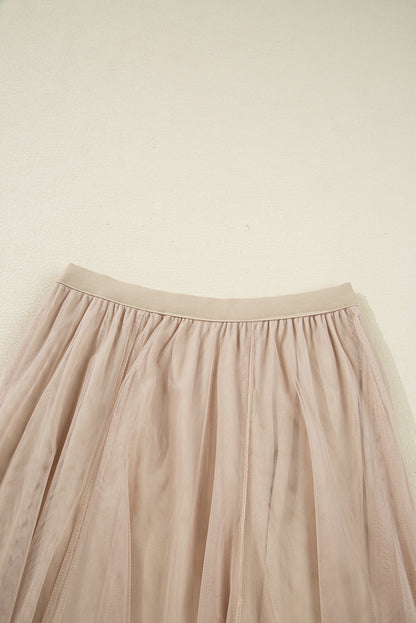 Solid Tulle Mesh Overlay Flared Midi Skirt