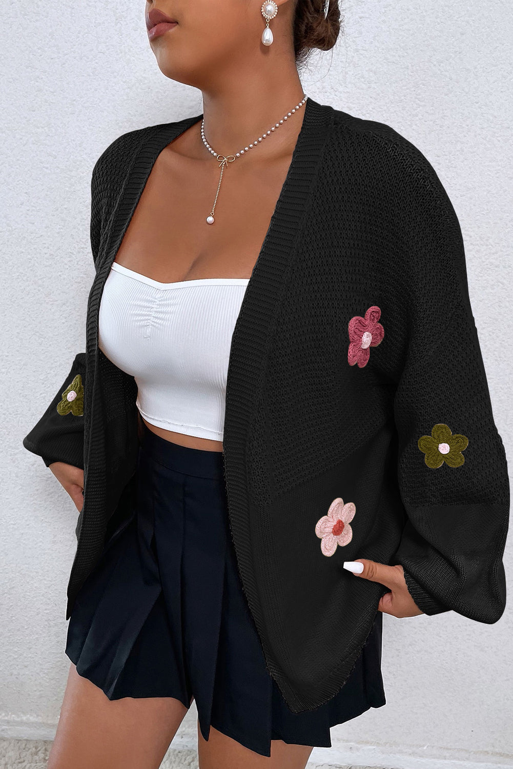 Floral Applique Drop Shoulder Cardigan