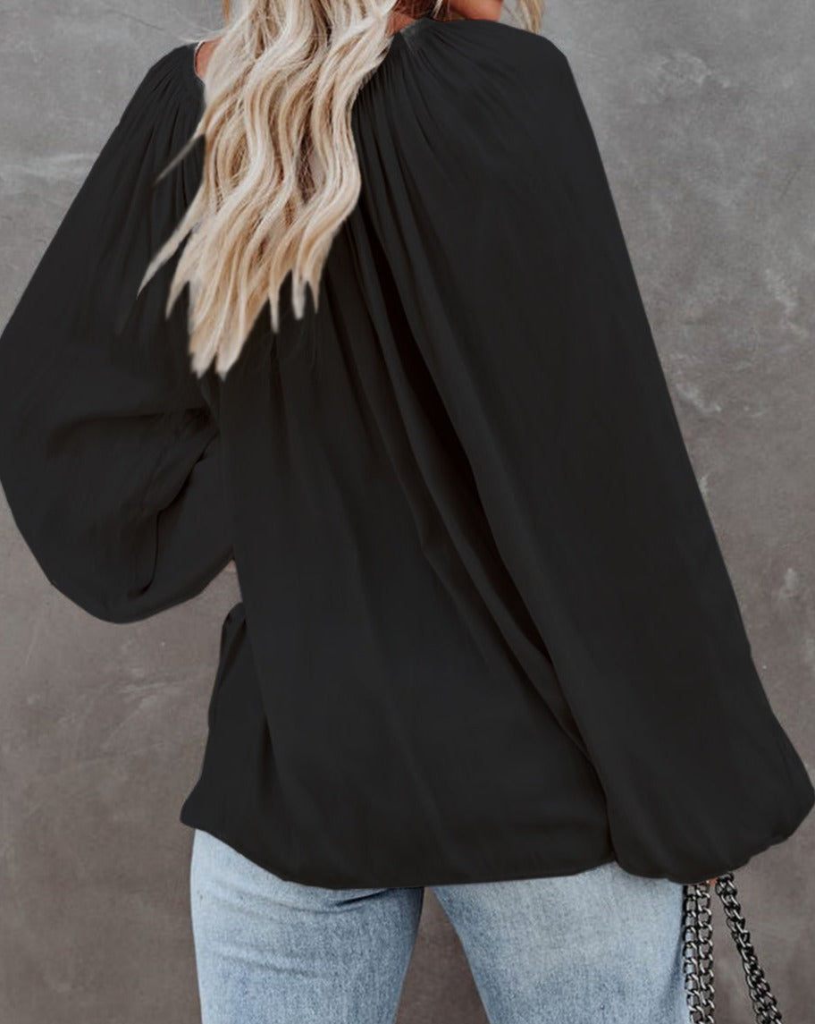 Satin Tie-Front Puff Sleeve Blouse