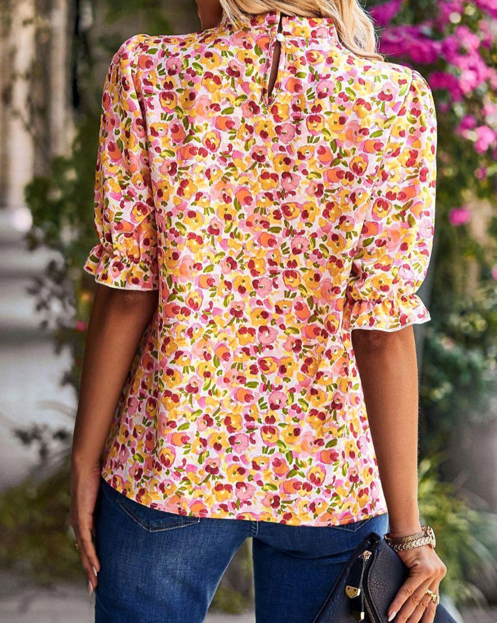 Floral Frill Mock Neck Blouse