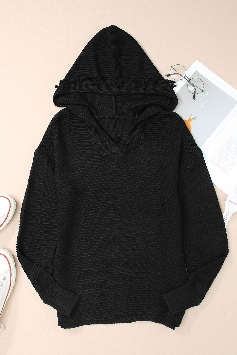 Ribbed Raw Edge Hooded Sweater